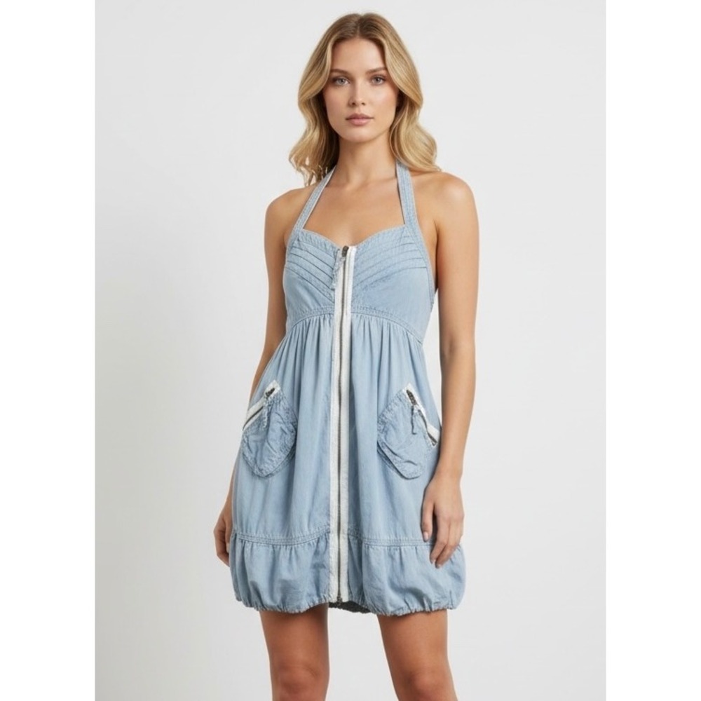 Dollhouse Blue White Cotton Halter Bubble Hem Mini Dress Full Zip Y2K